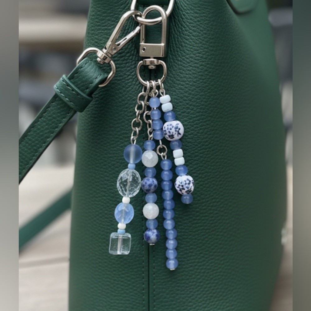 Periwinkle Petals Elegant Beaded Bag Charm Keychain with Porcelain Floral Beads